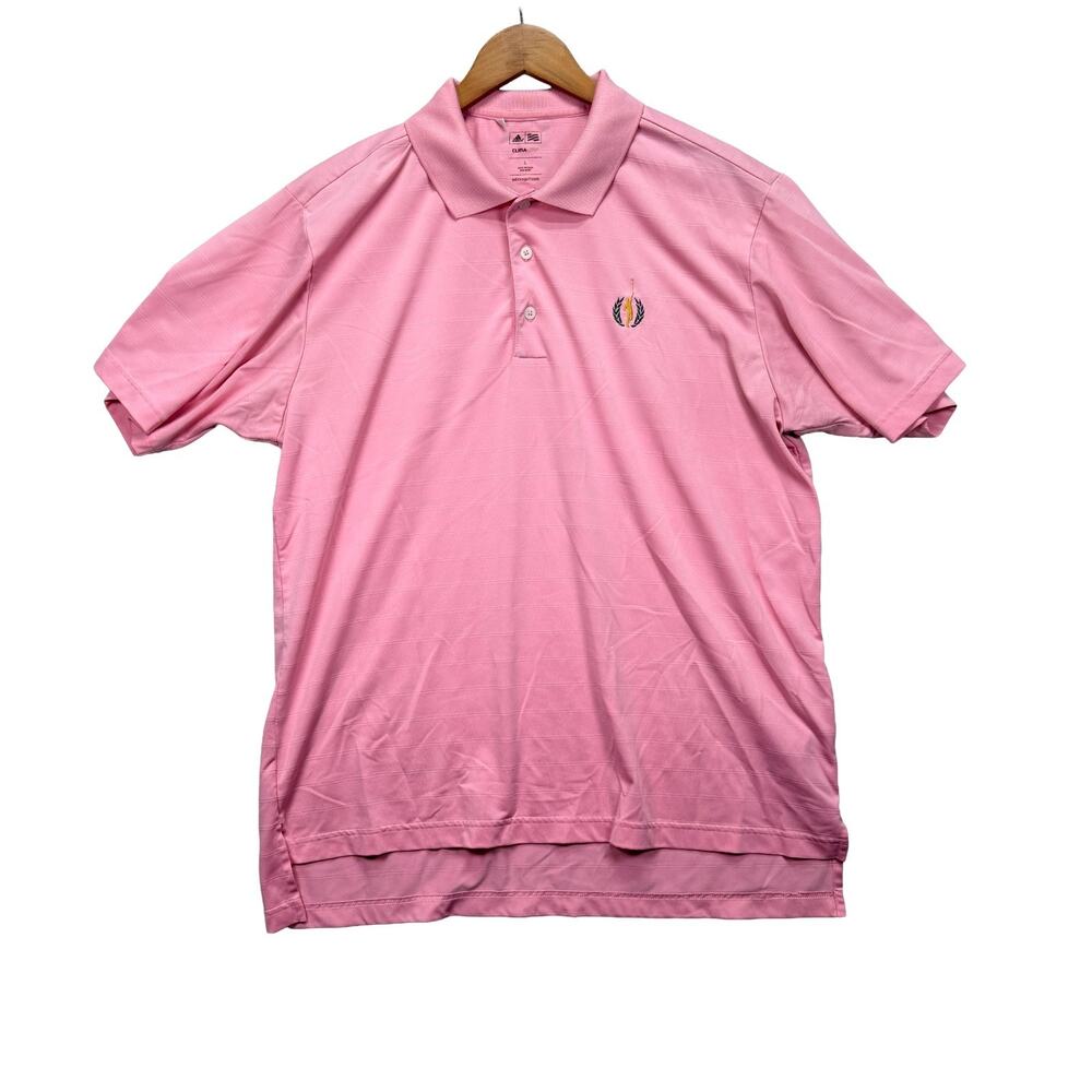Adidas Men's Polo Golf Club Shirt L Short Sleeve Pink Striped ClimaLite